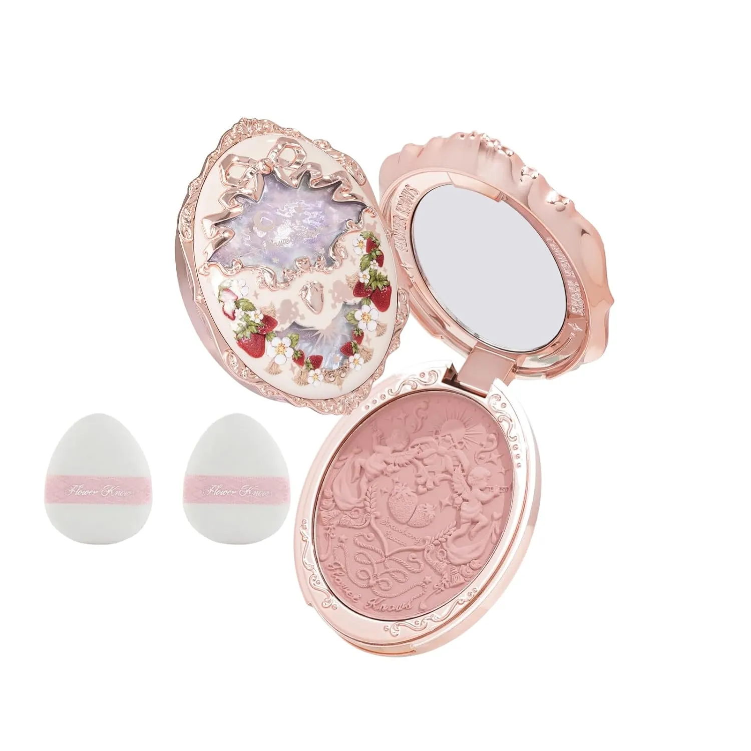 Flower Knows Strawberry Rococo Embossed Blush & Powder Puffs Set,Pink Matte Finish,Buildable & Blendable Makeup Blush for cheeks,Soft & Long-lasting for Girls & Women(01 Angel Chanson)