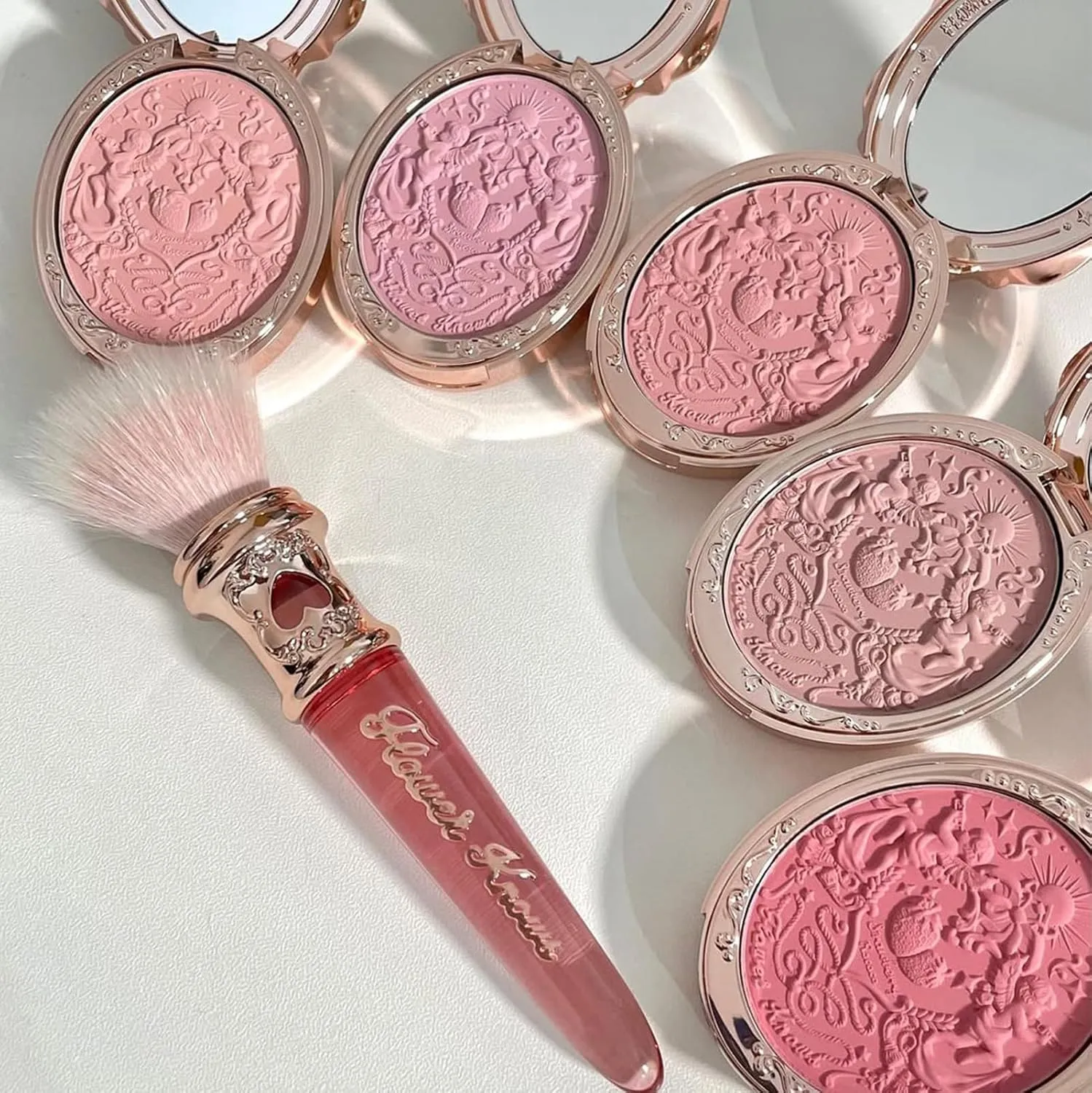 Flower Knows Strawberry Rococo Embossed Blush;Peach Matte Finish;Buildable & Blendable Powder Blush for cheeks,Natural Flush for All Skin Tones(01 Angel Chanson,5g)