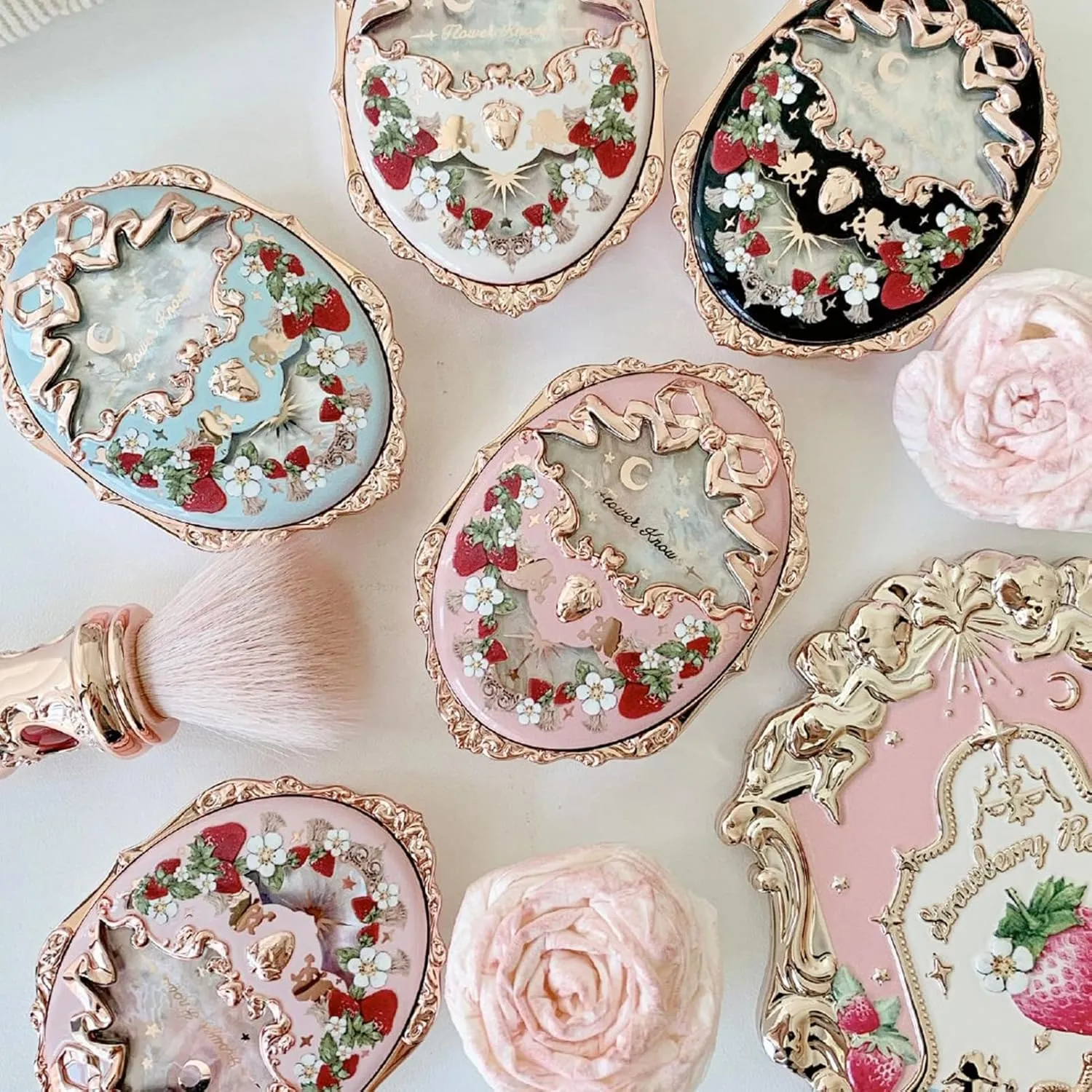 Flower Knows Strawberry Rococo Embossed Blush;Peach Matte Finish;Buildable & Blendable Powder Blush for cheeks,Natural Flush for All Skin Tones(01 Angel Chanson,5g)