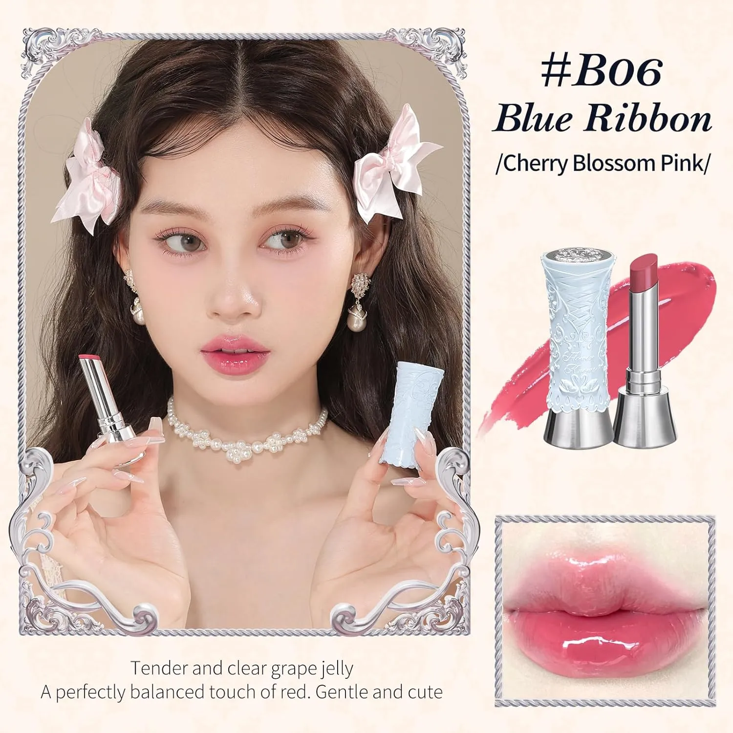 Flower Knows Swan Ballet Shine Lipstick,Hydrating Solid Lip Gloss,Moisturizing Pink Tinted Lip Balm-Long Lasting Lip Gloss in Balm for Girls&Women,Vegan & Cruelty-Free(B06 Blue Ribbon)