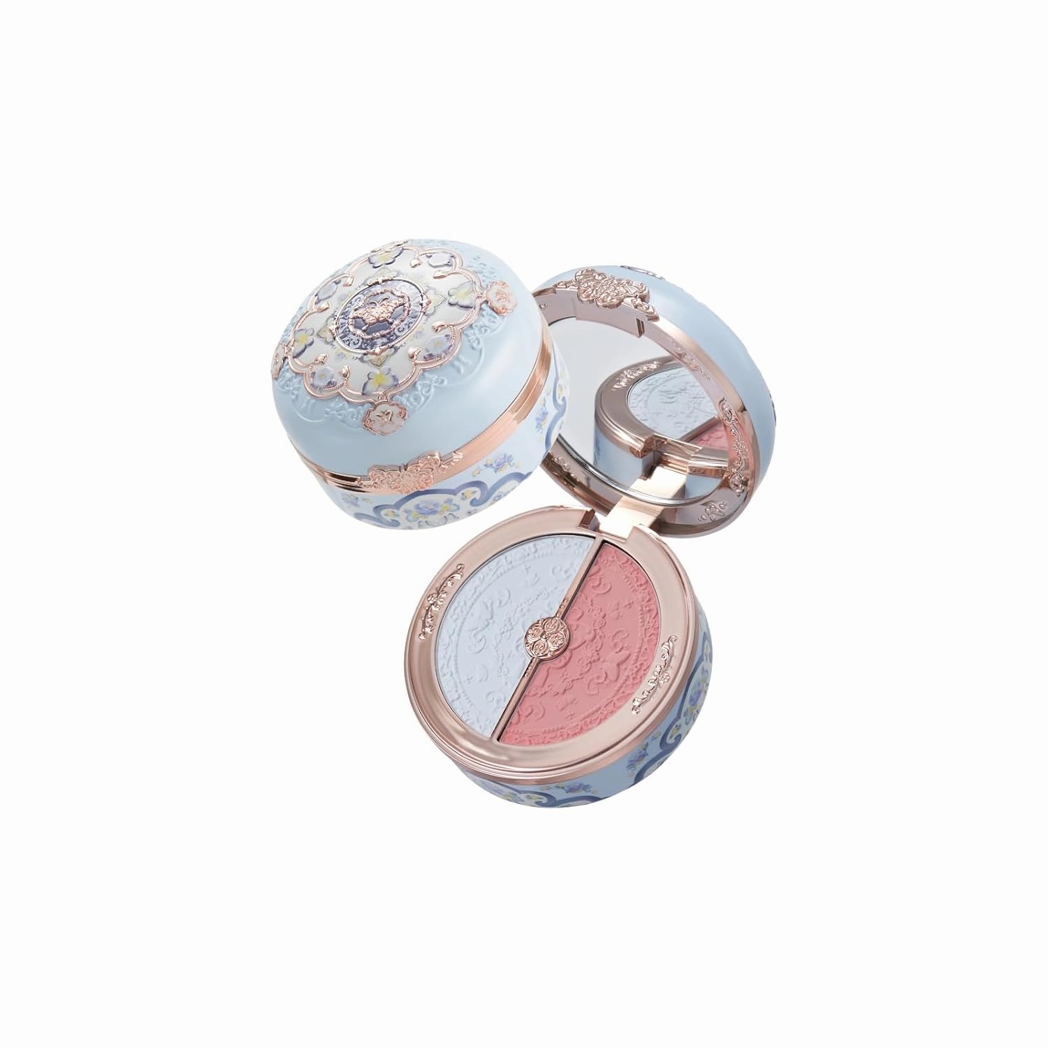 Flower Knows Butterfly Cloud Collar Rouge Box Highlighting & Blush Duo Powder,Blue Pink Matte Finish Blush & Highlighter Palette,Buildable & Blendable Makeup Blush for cheeks(02 Seaborne Moon)
