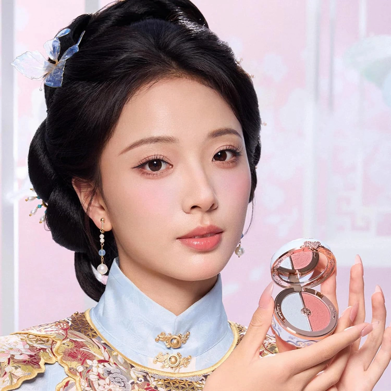 Flower Knows Butterfly Cloud Collar Rouge Box Highlighting & Blush Duo Powder,Blue Pink Matte Finish Blush & Highlighter Palette,Buildable & Blendable Makeup Blush for cheeks(02 Seaborne Moon)