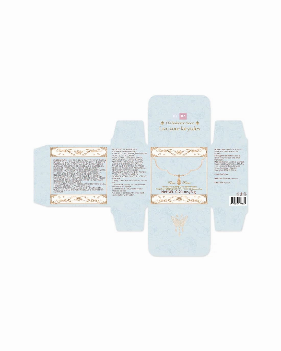 Flower Knows Butterfly Cloud Collar Rouge Box Highlighting & Blush Duo Powder,Blue Pink Matte Finish Blush & Highlighter Palette,Buildable & Blendable Makeup Blush for cheeks(02 Seaborne Moon)