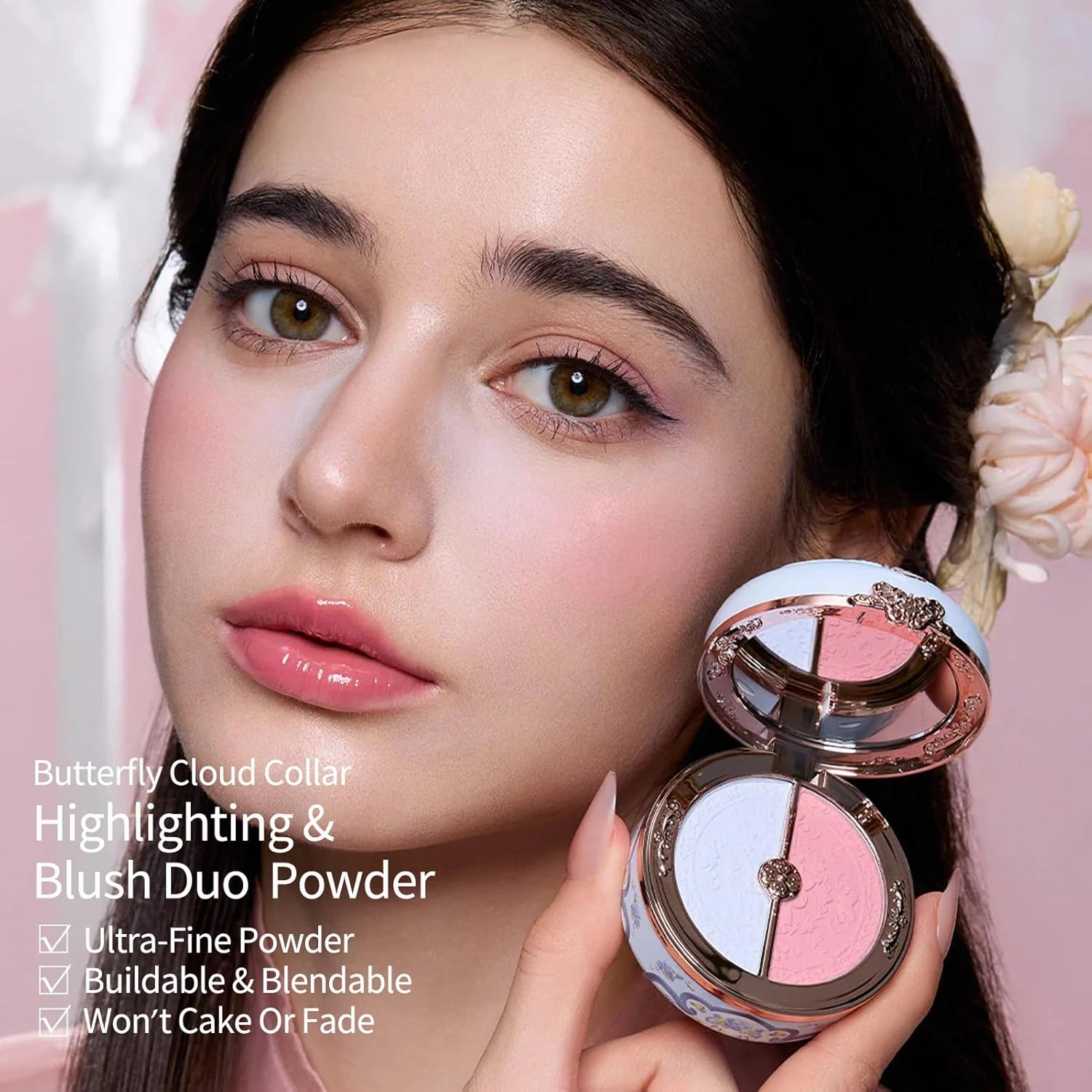 Flower Knows Butterfly Cloud Collar Rouge Box Highlighting & Blush Duo Powder,Blue Pink Matte Finish Blush & Highlighter Palette,Buildable & Blendable Makeup Blush for cheeks(02 Seaborne Moon)