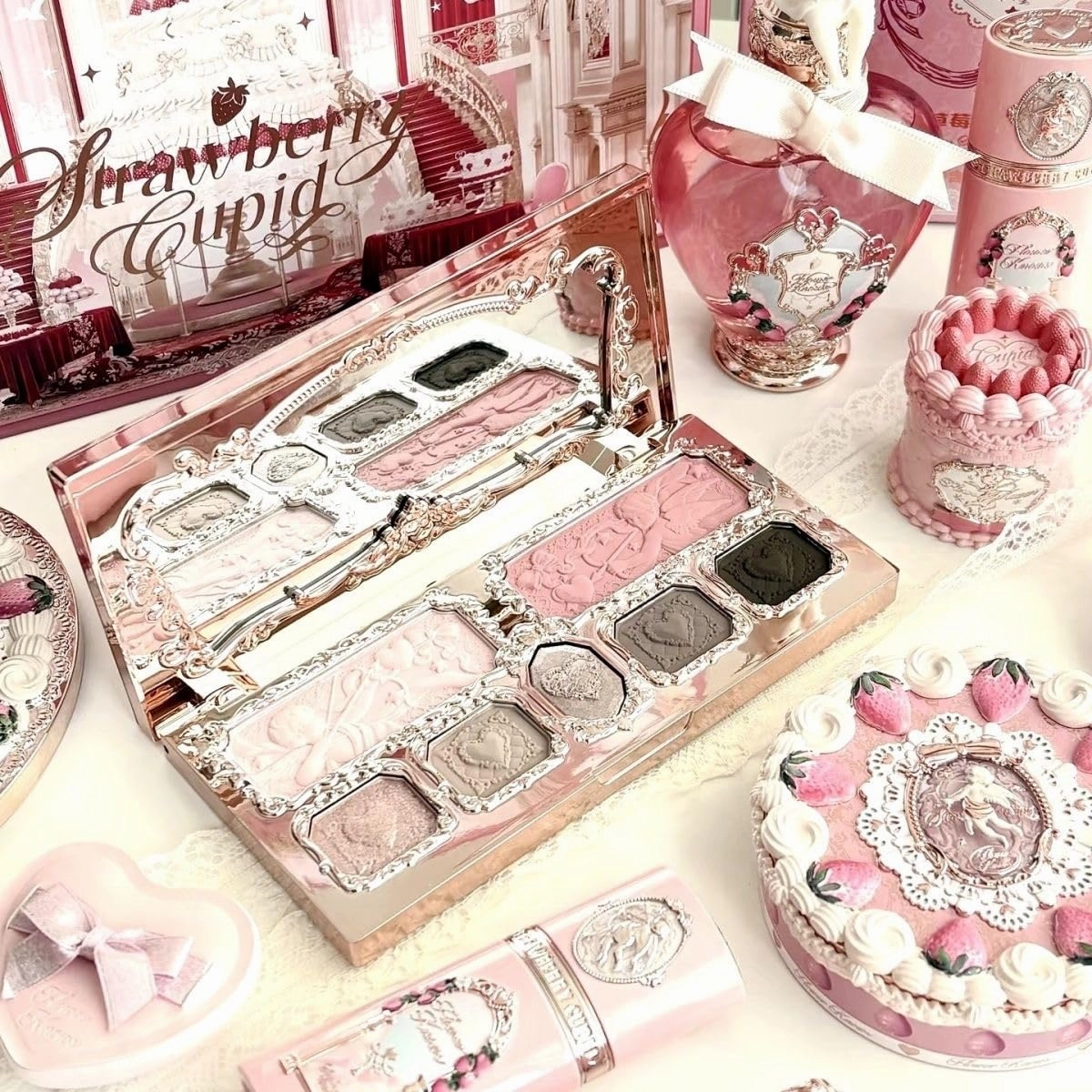 Flowerknows Strawberry Cupid Collection Face Makeup Palette Blush Eyeshadow Highlighter Face Bronzer Palette (C01)