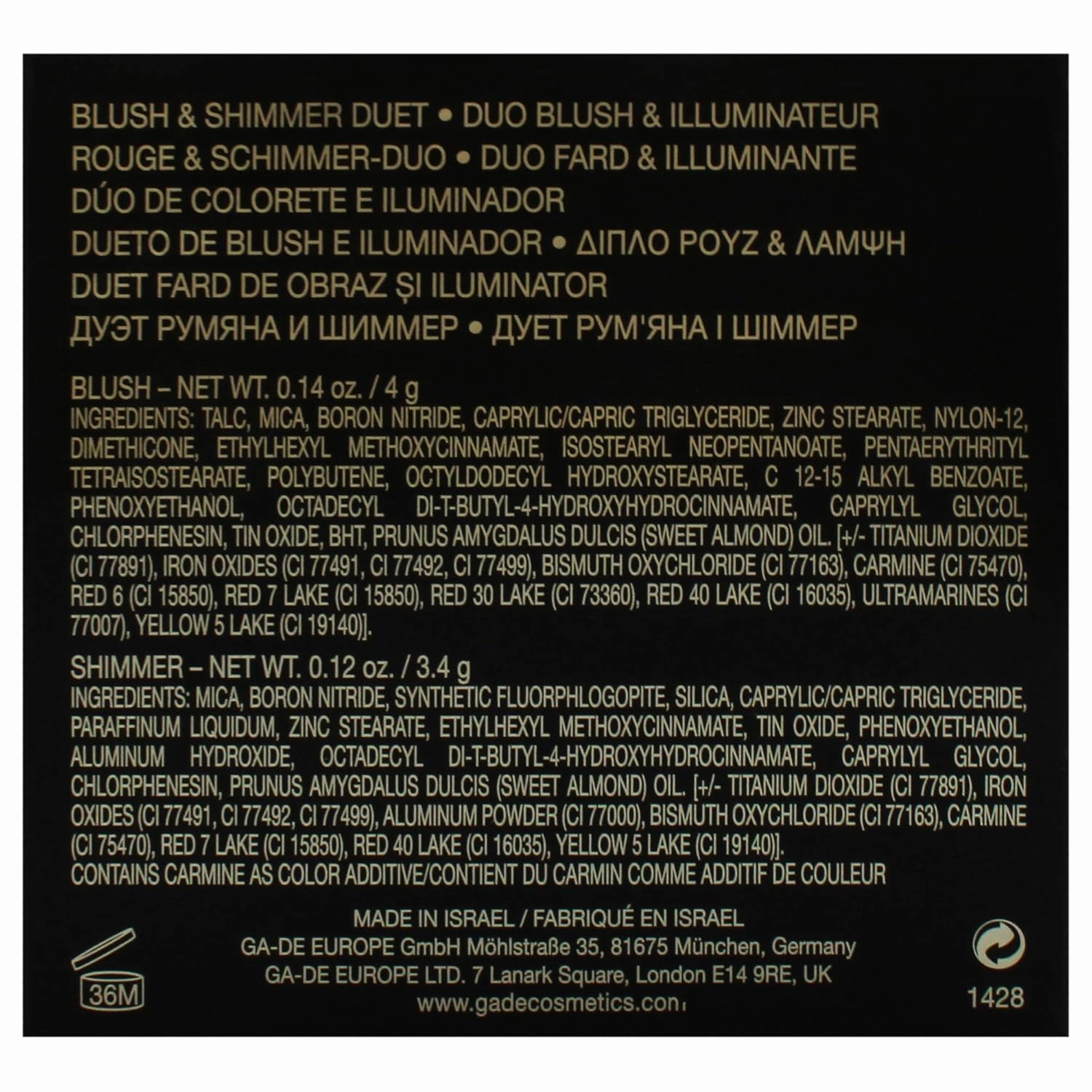 GA-DE Velveteen Blush and Shimmer Duet, 48 - Formulated with Micronized Pearls and Pigments for Sculpting Face and Décolleté - Paraben-Free - 0.26 oz