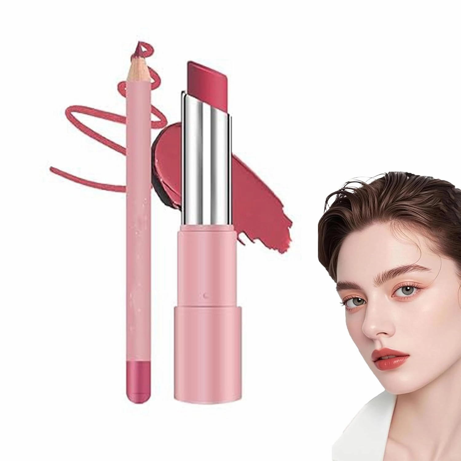 Genli Lip Balm, Genli Lifter Glaze Oil Balm, Long-Lasting Waterproof Matte Lipstick Set, 24-Hour Moisturizing and Hydrating Lip Balm, Lipstick and Lip Liner Set, Non-stick Cup (#05)