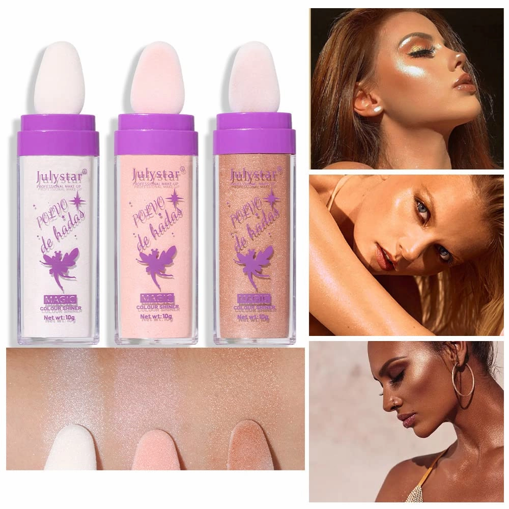 GL-Turelifes Hightlighter Stick Puff Fairy Stick Highlight Powder Glitter Loose Powder Brush Stick Contouring Powder Shimming Powder for Eyes, Face, Body Tiktok Makeup (SetB)