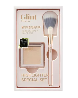 Glint Highlighter Special Set (Dewy Moon(Set), 0.08oz   Fan Brush) - Baked Highlighter for Natural Glow. Korean Makeup by LG Beauty. Rich Pigment, Silky Touch, Shimmer.