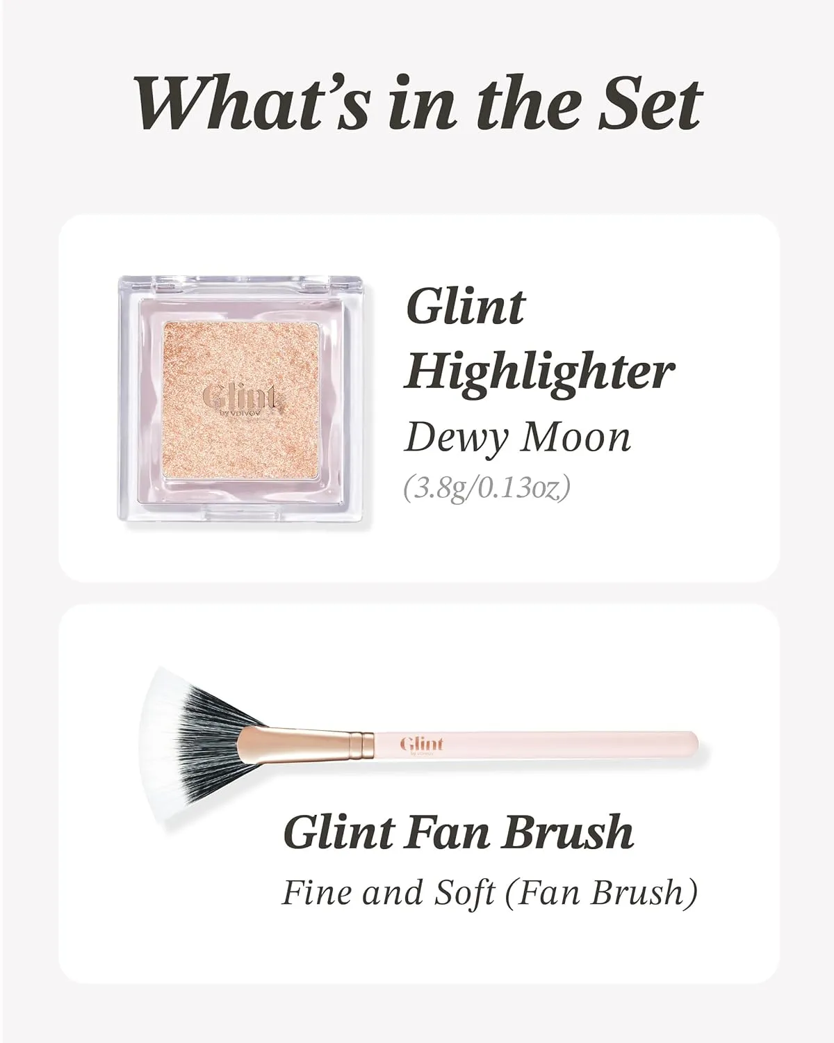 Glint Highlighter Special Set (Dewy Moon(Set), 0.08oz   Fan Brush) - Baked Highlighter for Natural Glow. Korean Makeup by LG Beauty. Rich Pigment, Silky Touch, Shimmer.