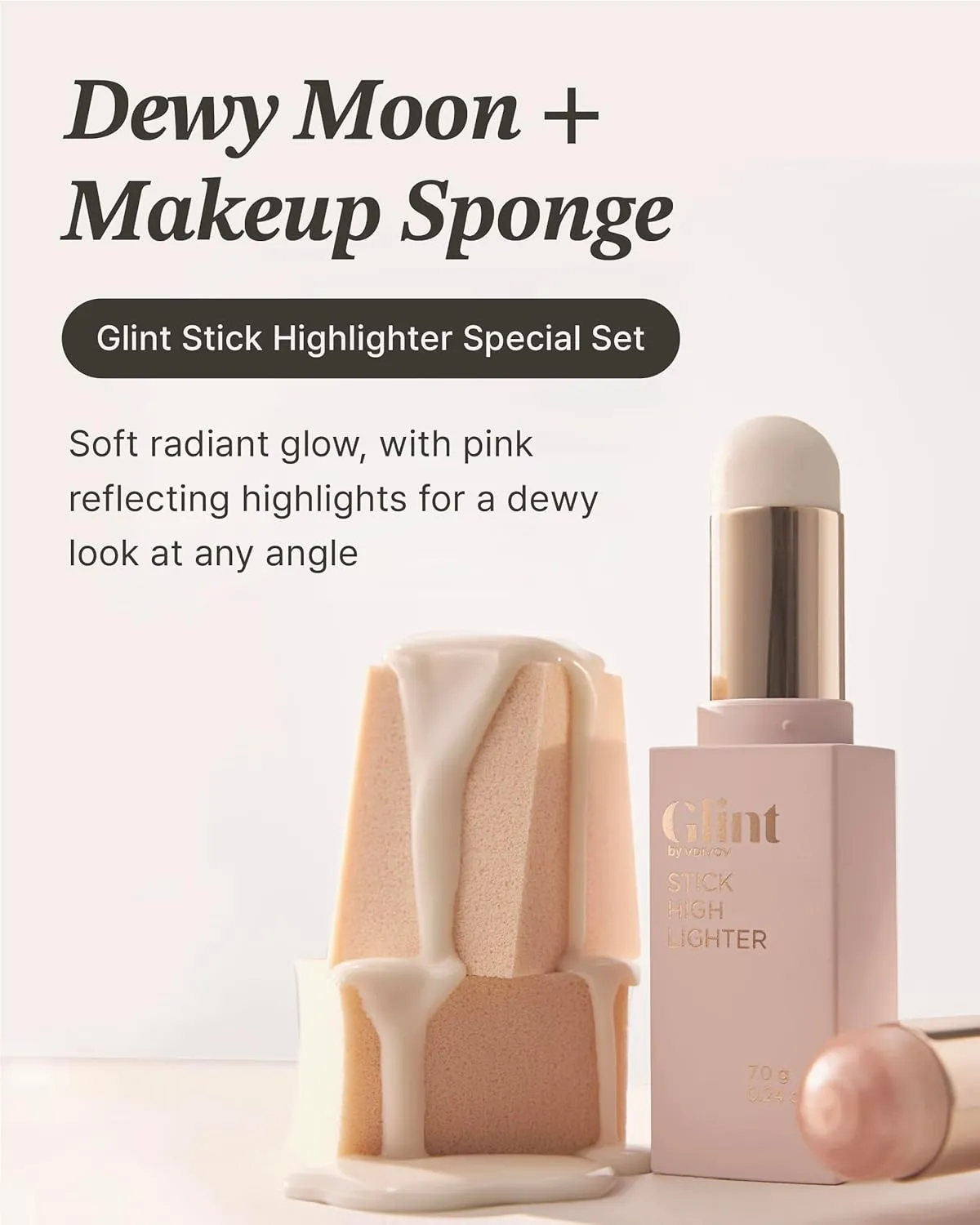 Glint Stick Highlighter Special Set (Dewy Moon(Set), 0.24oz   Egg-Shaped Makeup Sponge) - Multi-Use Illuminator Stick. Korean Makeup by LG Beauty. Creamy & Blendable Color.