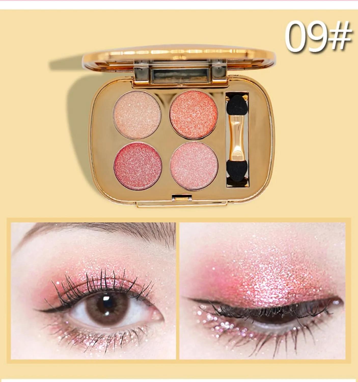 Glitter Eyeshadow Palette Makeup Set,4 Colors Shimmer Eyeshadow Palette Gold Eyeshadow Highly Pigmented Long Lasting Waterproof Sweatproof Professional Nude Eyeshadow Palette Make Up Palettes(9#)