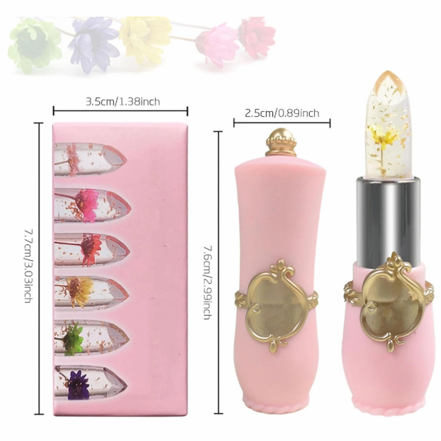 Gold Foil Flower Color Changing Lipstick, Gold Foil Color Changing Lipstick, Crystal Jelly Flower Lip Balm, Long Lasting Hydrating (01#)