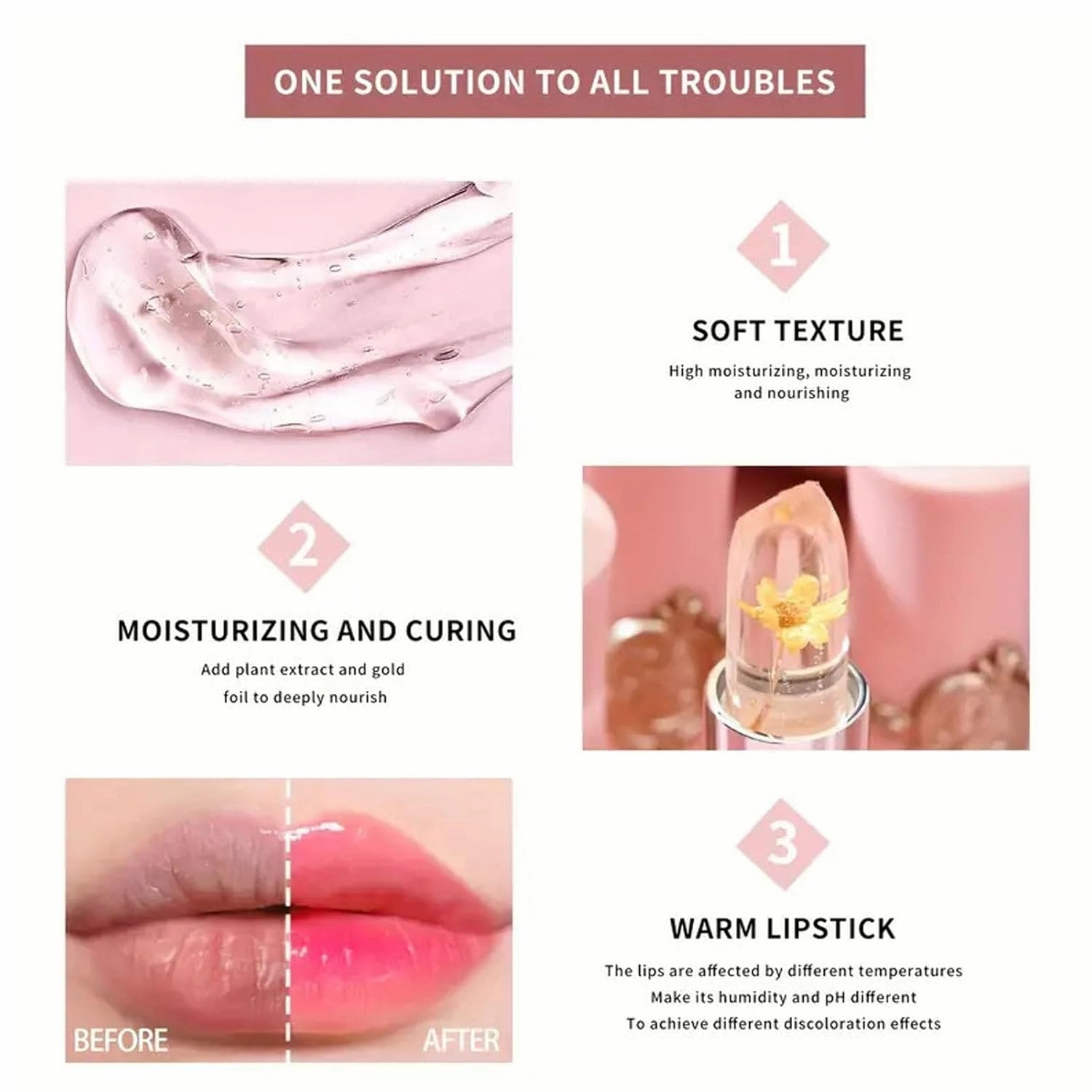 Gold Foil Flower Color Changing Lipstick, Gold Foil Color Changing Lipstick, Crystal Jelly Flower Lip Balm, Long Lasting Hydrating (01#)