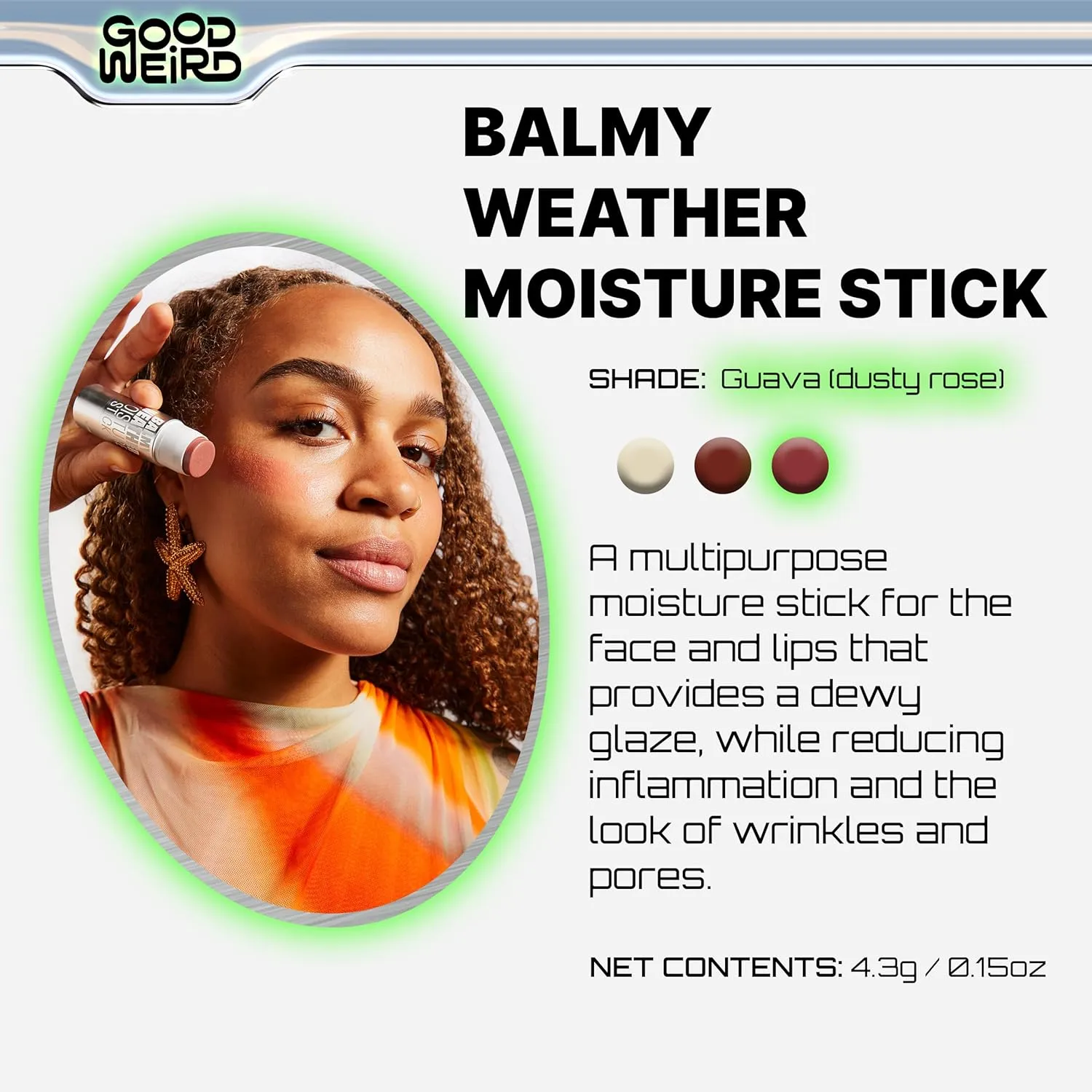 GOOD WEIRD Highlighter: Balmy Weather Blush Stick - Vegan Multi-Stick for Face, Cheeks, and Lips | Dewy Shimmer Glaze, Shea Butter | Cruelty-Free | Be You. It’s Good. |0.15 oz.| GUAVA (Dusty Rose)