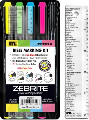 G.T. Luscombe Company, Inc. Zebrite Bible Marking Kit | No Bleed Pigmented Ink | No Fading or Smearing | Double Ended Highlighters, Note Pen & Books of the Bible Ruler/Bookmark (Set of 5   Ruler)