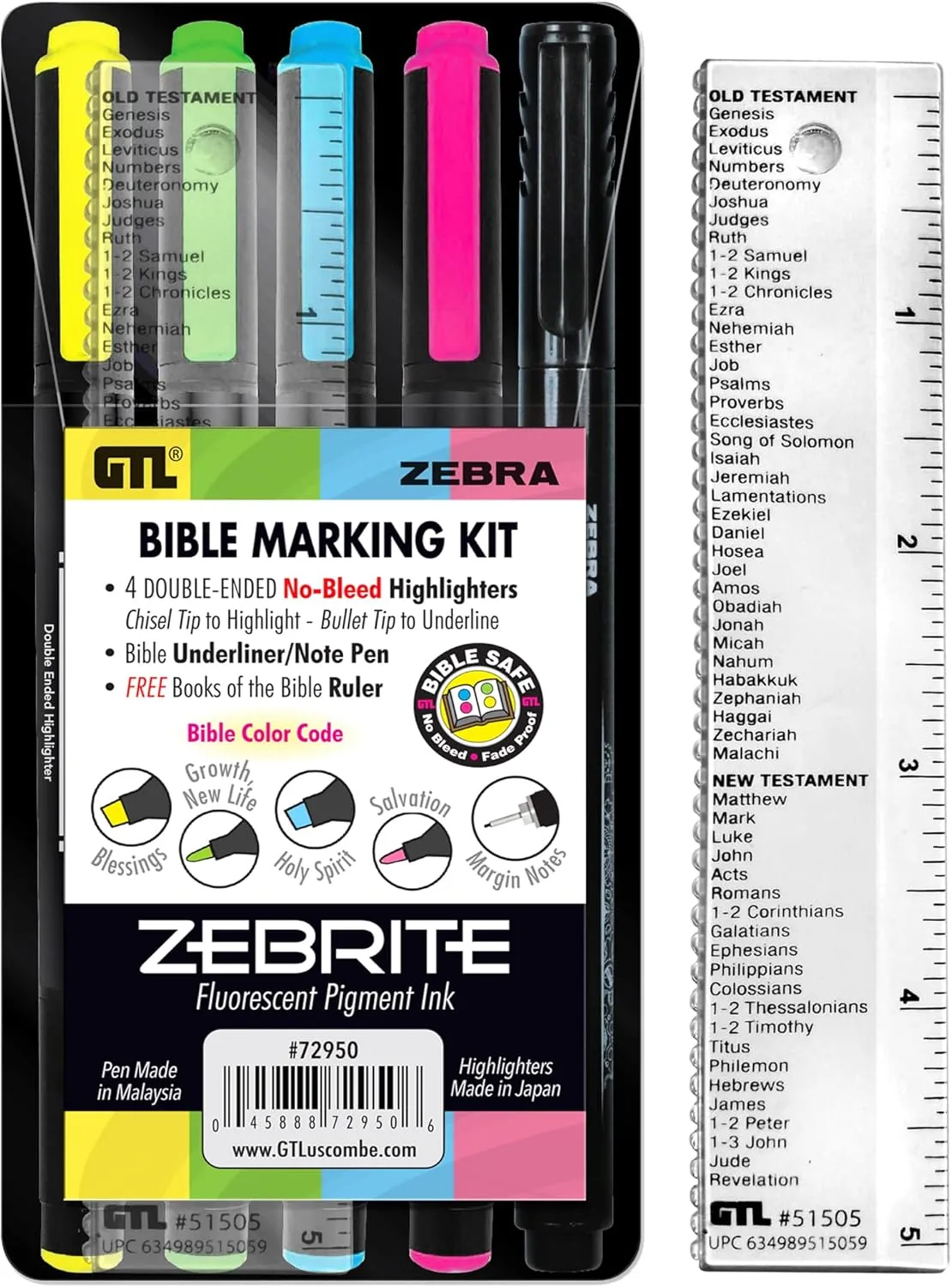 G.T. Luscombe Company, Inc. Zebrite Bible Marking Kit | No Bleed Pigmented Ink | No Fading or Smearing | Double Ended Highlighters, Note Pen & Books of the Bible Ruler/Bookmark (Set of 5   Ruler)