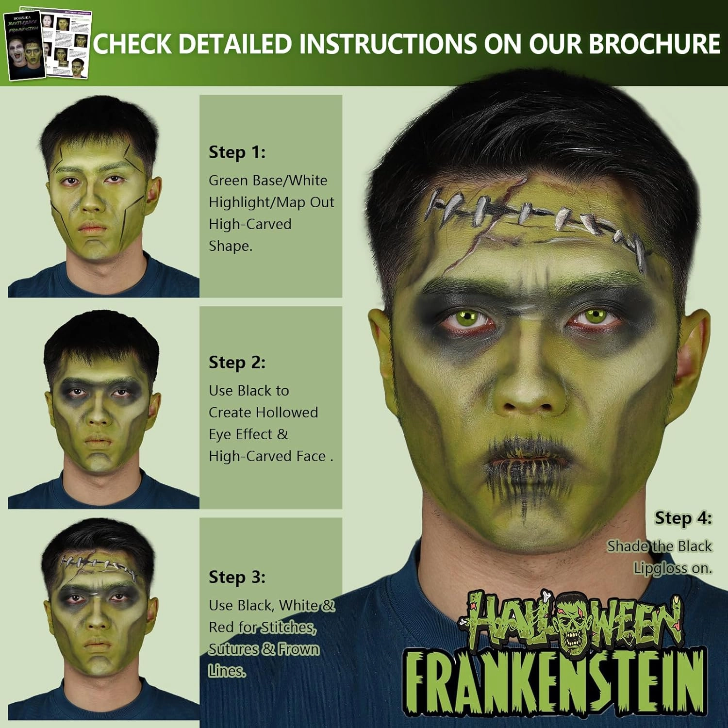 Halloween Beetle-juice Makeup & Frankenstein Makeup Kit, Face Paint SFX Character Set with Black Lipstick & Applicators for Ghost, Zombie, Grinch Special Effects Make Up, Costume Cosplay Party & Stage
