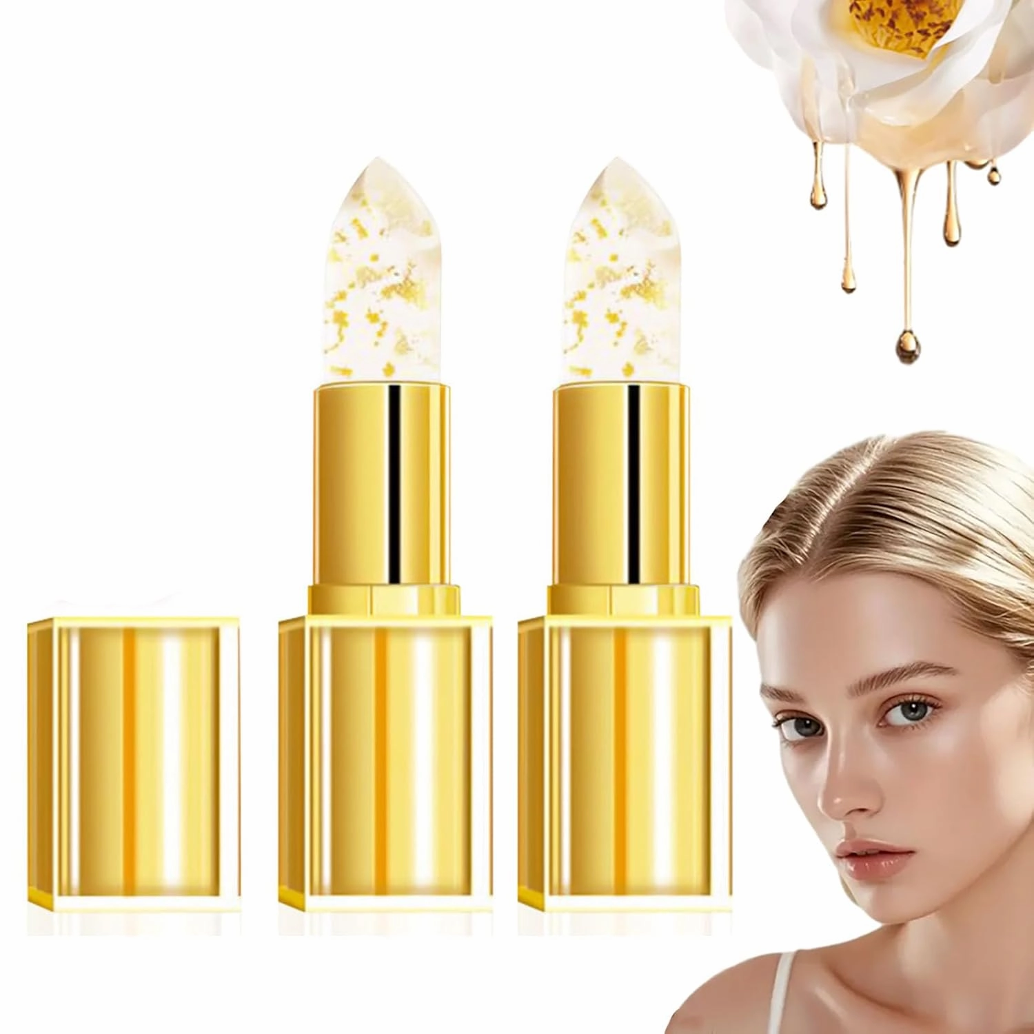 Hardpointing Color Changing Lipstick, Transparente Transferproof Gold Crystal Color Changing Lip Stick for Women, Long Lasting Moisturizing Glossy Shine Lip Gloss,Deep Nourishment (2pcs, 0.33 Fl Oz)
