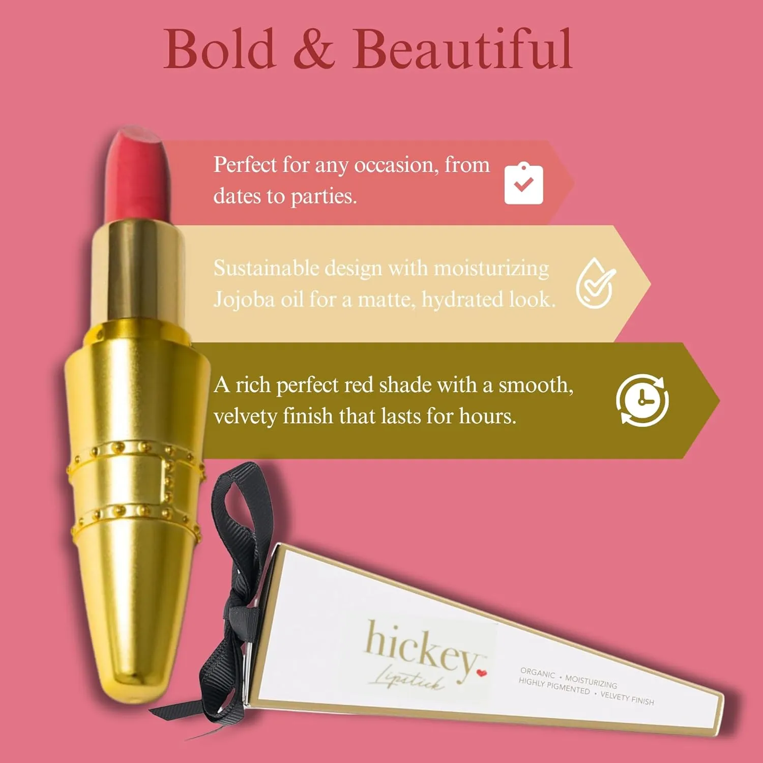 Hickey Lipstick Mile High Organic Perfect Red Lipstick Refillable - Long Lasting Lipstick for Women, Hydrating & Moisturizing Shade, Best Lip Color for Women, Gluten-Free & Vegan with Highly Pigmented