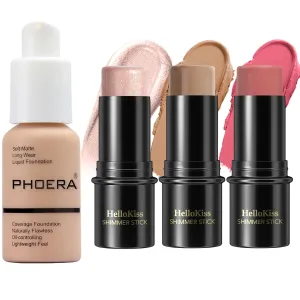 Hilareco PHOERA Foundation, 3-Piece Contour Stick Makeup Kit, Matte, Full Coverage, No-Clog, 103  Fair-Light Contour/Warm Peach #03,#09,#12