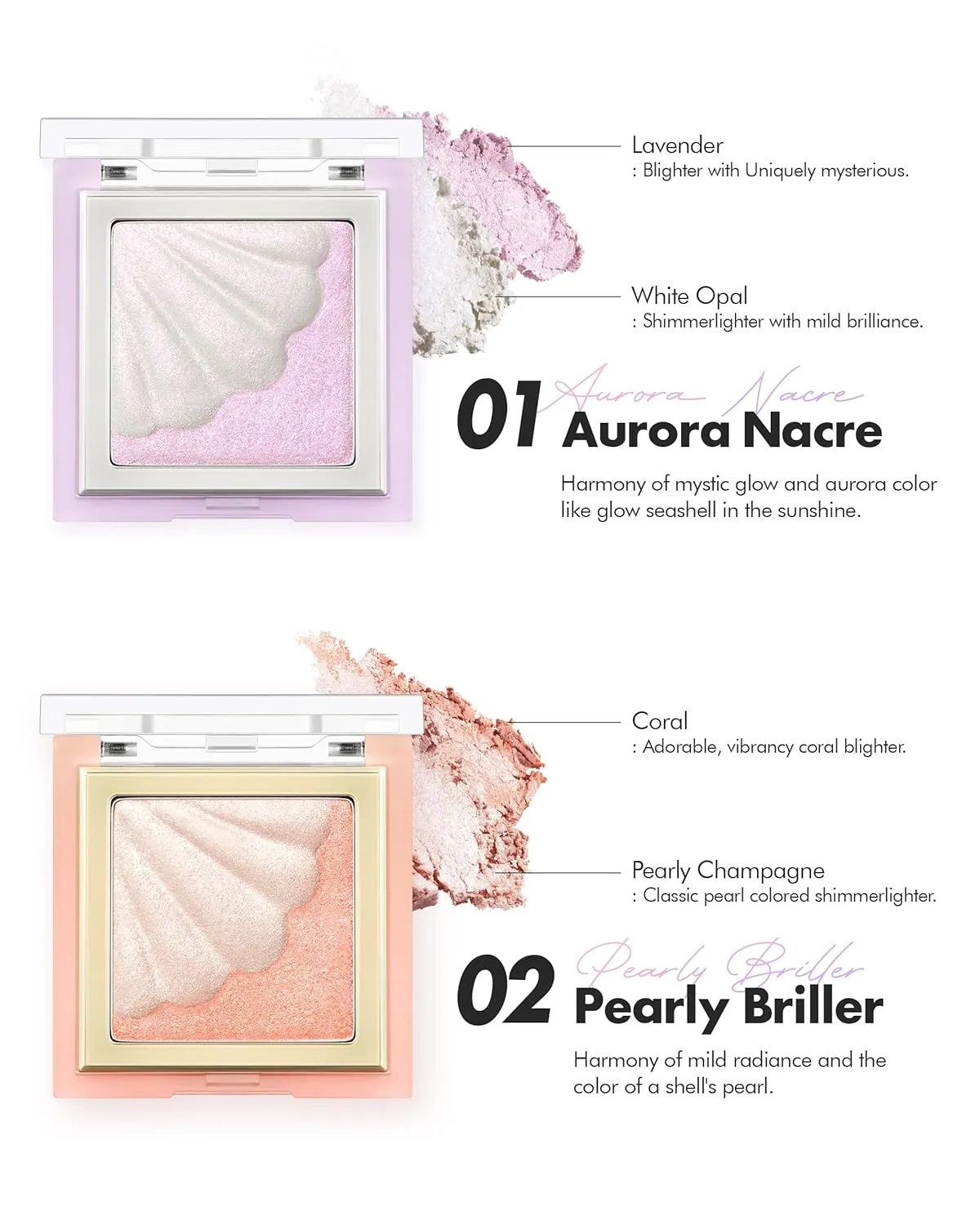 HOLIKA HOLIKA Shell Glow Highlighter- Luxury Face Glow for Shine & Volume, Transparent Skin Enhancer, Smooth Texture, Subtle Shimmer Light, Splendid Pearl Expression (01 AURORA NACRE)