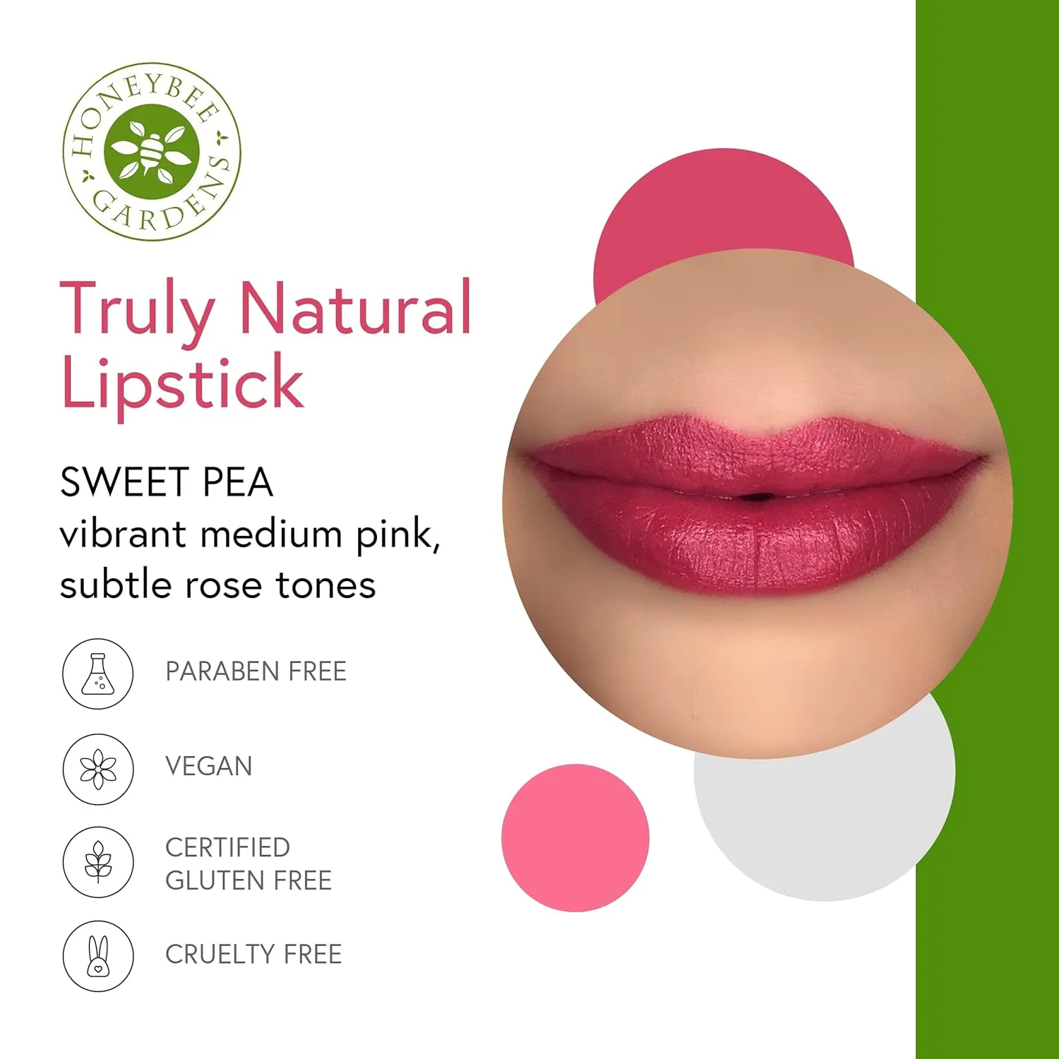 Honeybee Gardens Truly Natural Long Lasting Lipstick, Sweet Pea Lipstick, Vibrant Medium Pink, Naturally Hydrating & Nourishing, Vegan, Gluten-Free & Cruelty-Free, 0.13 oz / 3.8 g