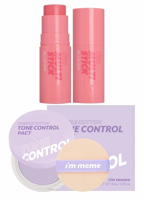 I'M MEME I'm Multi Stick Blusher 001 Rose   Compact - Purple Cotton Tone Control Pact, 0.33 Oz Bundle