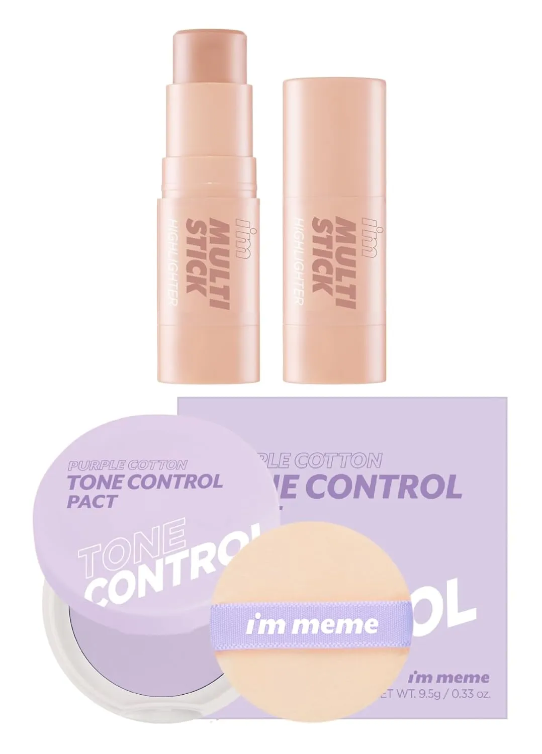 I'm Meme Highlighter Stick for Face - I'm Multi-stick 001 Champagne Gold, 0.25 Oz   Compact - Purple Cotton Tone Control Pact, 0.33 Oz Bundle