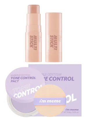 I'm Meme Highlighter Stick for Face - I'm Multi-stick 001 Champagne Gold, 0.25 Oz   Compact - Purple Cotton Tone Control Pact, 0.33 Oz Bundle