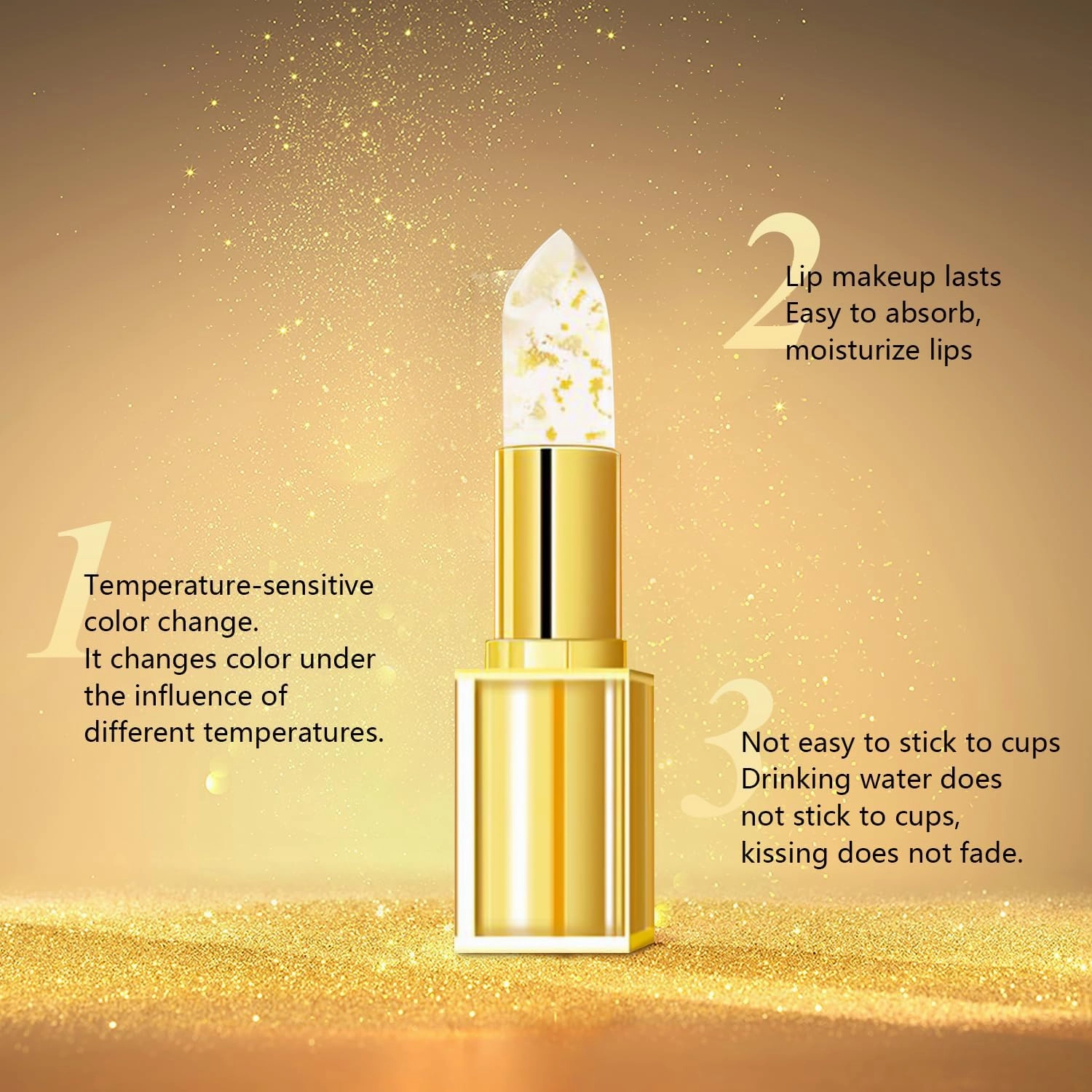 Imaginaryl Lip Color, Imaginary Lipstick, Transferproof Color Changing Lipstick, Gold Crystal Color Changing Lips Tick, Moisturizing Glossy Shine Lip Gloss, Deep Nourishment (3pcs)