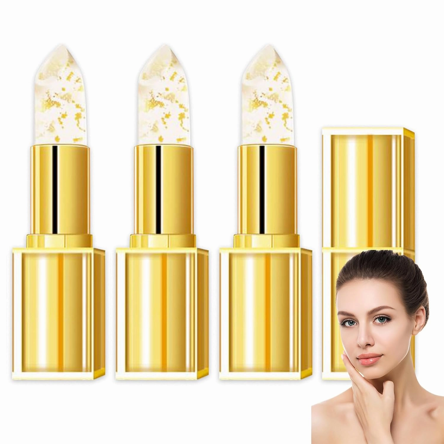 Imaginaryl Lip Color, Imaginary Lipstick, Transferproof Color Changing Lipstick, Gold Crystal Color Changing Lips Tick, Moisturizing Glossy Shine Lip Gloss, Deep Nourishment (3pcs)