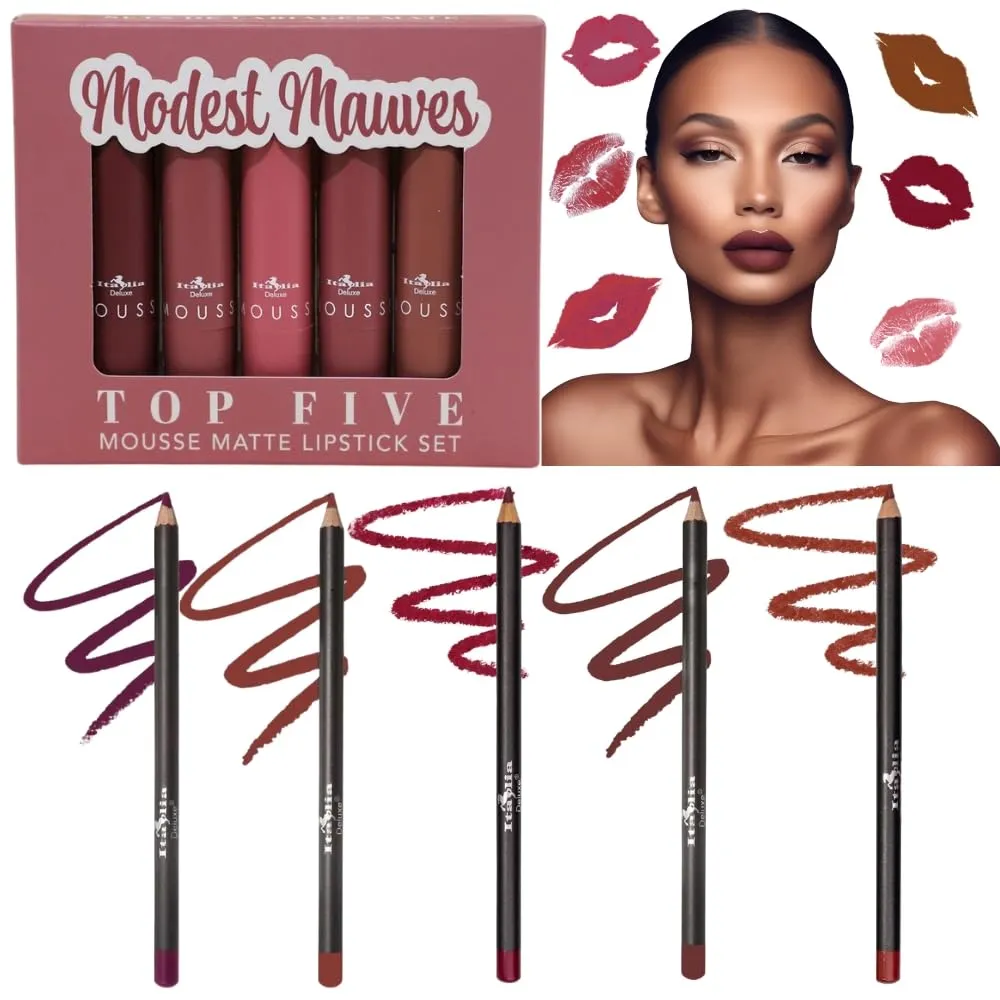 Italia Deluxe Exclusive Edition Top Five Lip Kit with Mousse Matte Lipsticks and Ultrafine Lipliners, Creamy, Highly Pigmented, Long Lasting Lip Makeup Combo