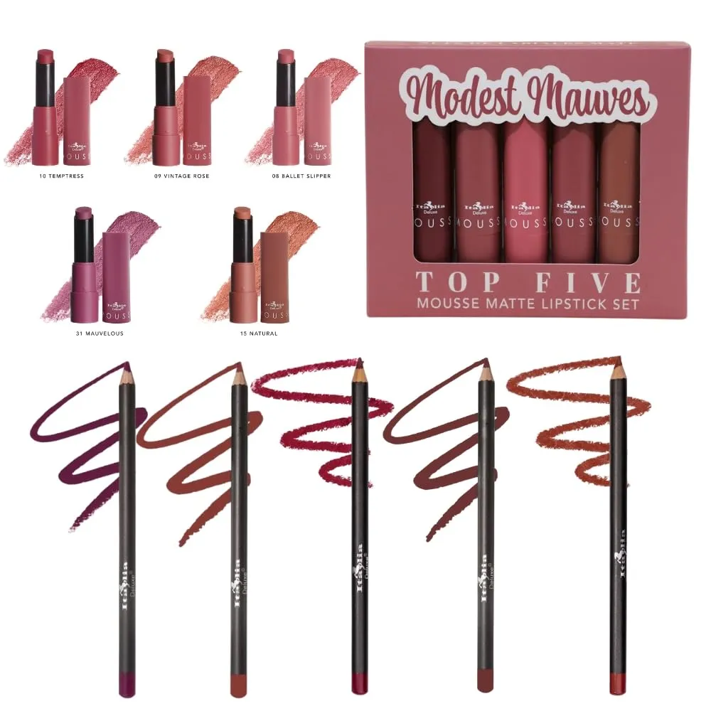 Italia Deluxe Exclusive Edition Top Five Lip Kit with Mousse Matte Lipsticks and Ultrafine Lipliners, Creamy, Highly Pigmented, Long Lasting Lip Makeup Combo