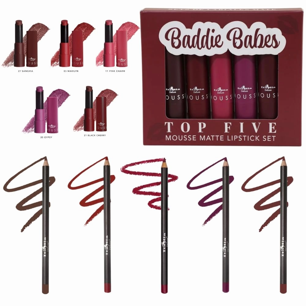 Italia Deluxe Exclusive Edition Top Five Lip Kit with Mousse Matte Lipsticks and Ultrafine Lipliners, Creamy, Highly Pigmented, Long Lasting Lip Makeup Combo