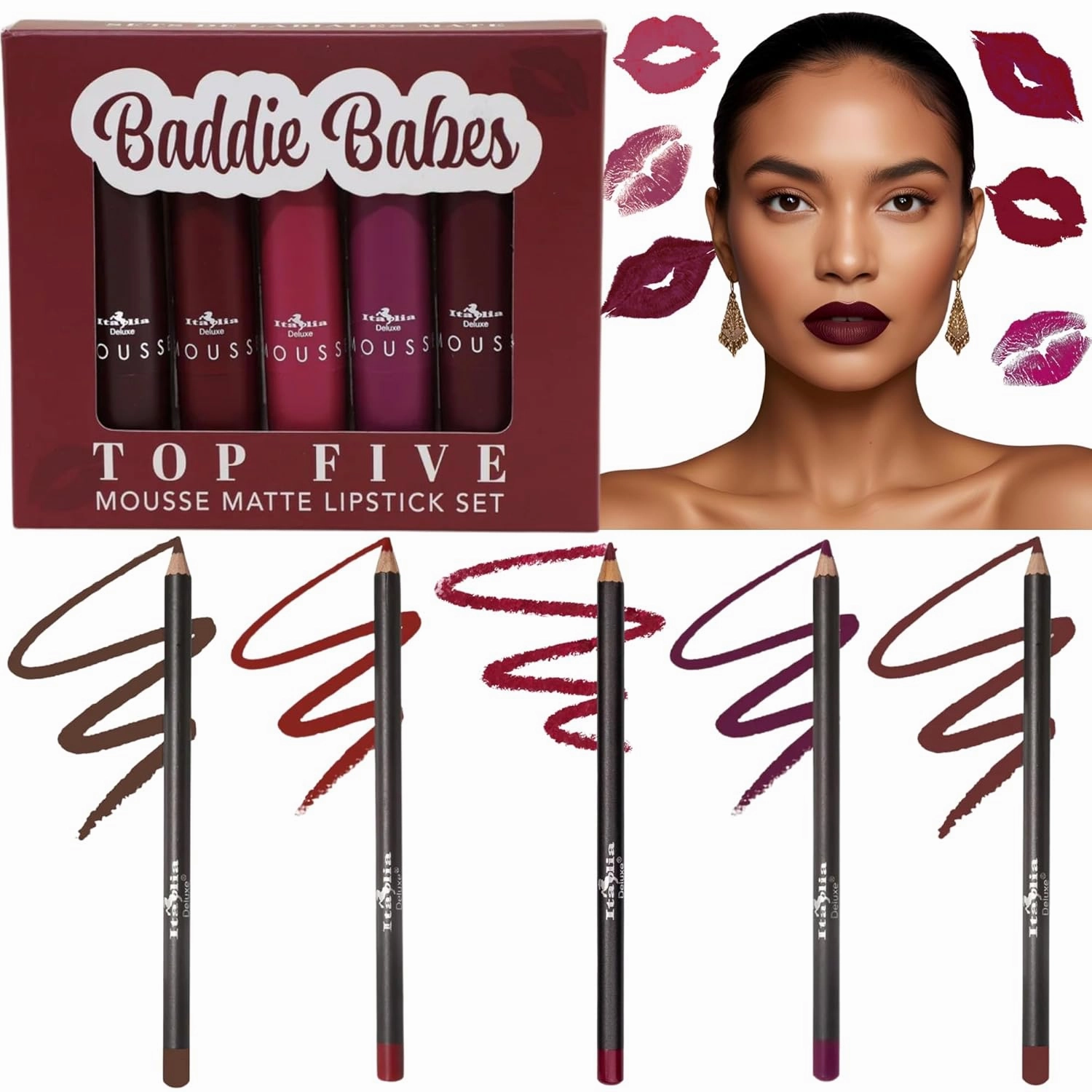 Italia Deluxe Exclusive Edition Top Five Lip Kit with Mousse Matte Lipsticks and Ultrafine Lipliners, Creamy, Highly Pigmented, Long Lasting Lip Makeup Combo