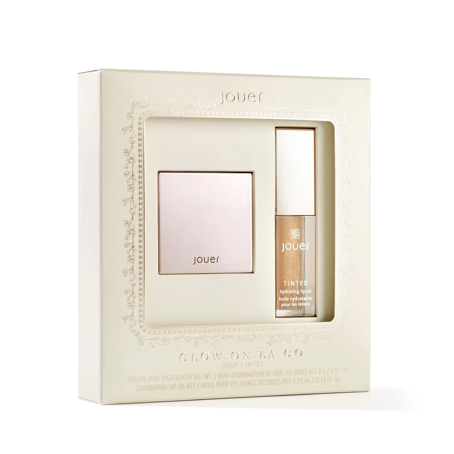 Jouer Glow On La Go Cheek & Lip Set - Deluxe Ice Highlighter   Diamond Shimmering Tinted Lip Oil - Highlighter Powder for Face - Luminizing Powder & Shimmer Lip Oil