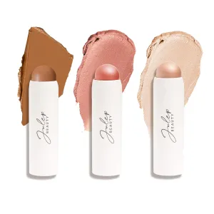 Julep Skip The Brush 2-in-1 Blush and Lip Makeup Stick Contour, Blush, & Highlighter Trio- Sheer Glow (Highlighter), Rose Gold (Blush), Melted Cocoa (Medium Skin Tones) - 3pc Set