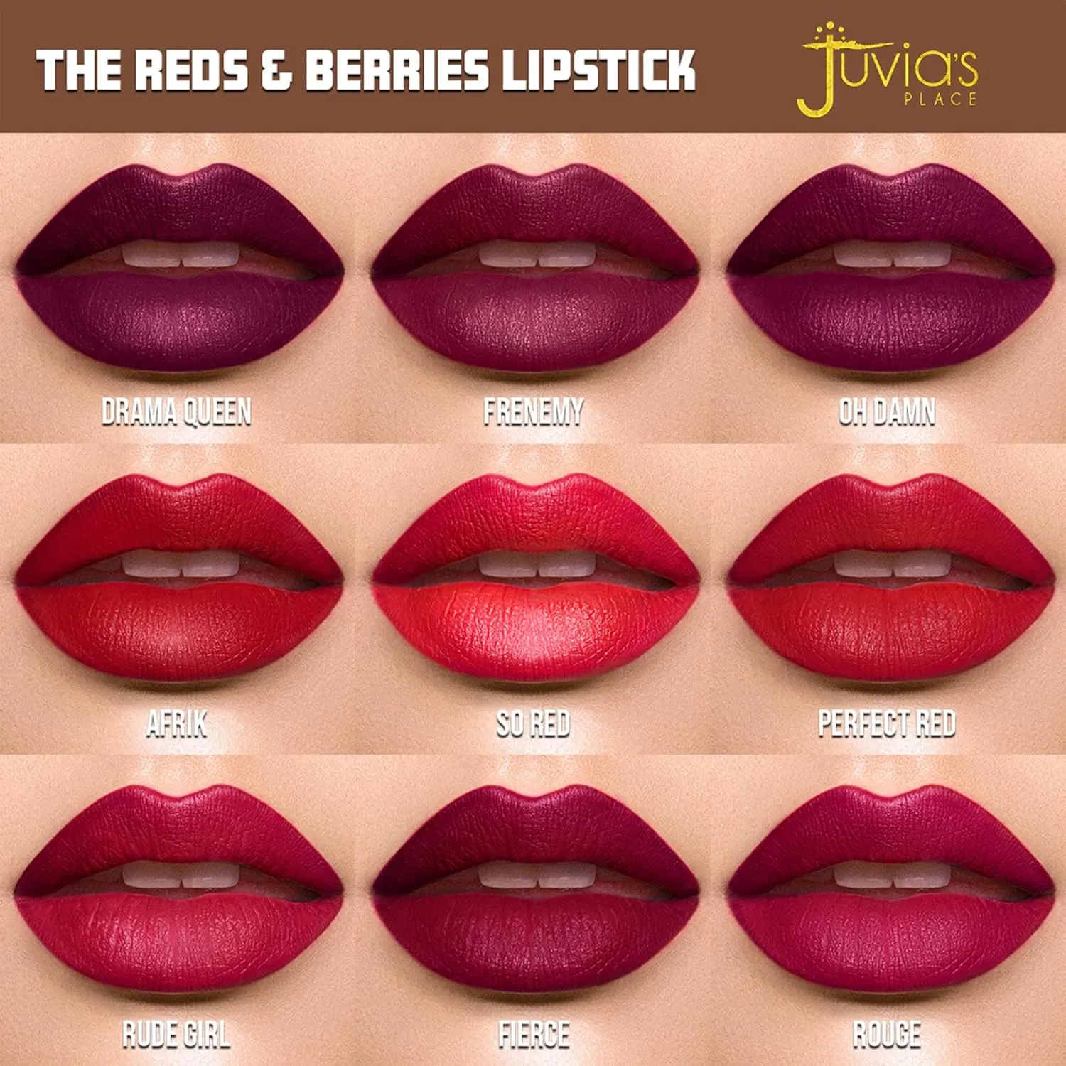 Juvia's Place Reds & Berries Velvety Matte Lipsticks The Deep Reds Rude Girl - Dark Red, Soft-Matte Lipstick, Hydrating, Highly Pigmented, Creamy, Smooth, and Long-Lasting