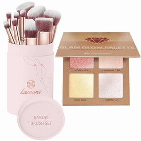 Kabuki Makeup Brush Set with Powder Highlighter Palette