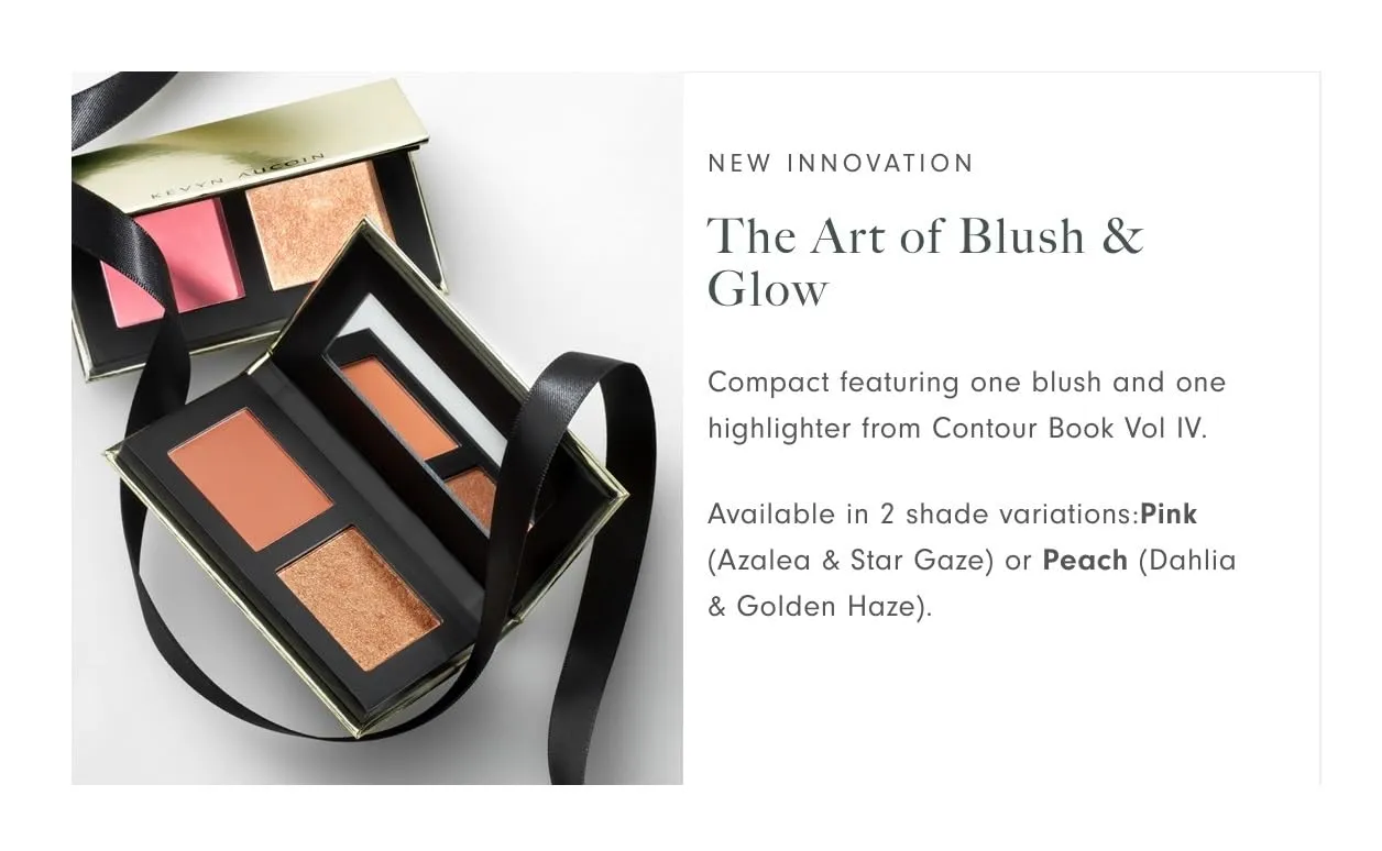 Kevyn Aucoin The Art of Blush & Glow, PEACH: Sculpt & define makeup compact DUO palette with warm, coral-toned matte blush (Dahlia) plus a glow of the highlighter (Golden Haze). Universally flattering