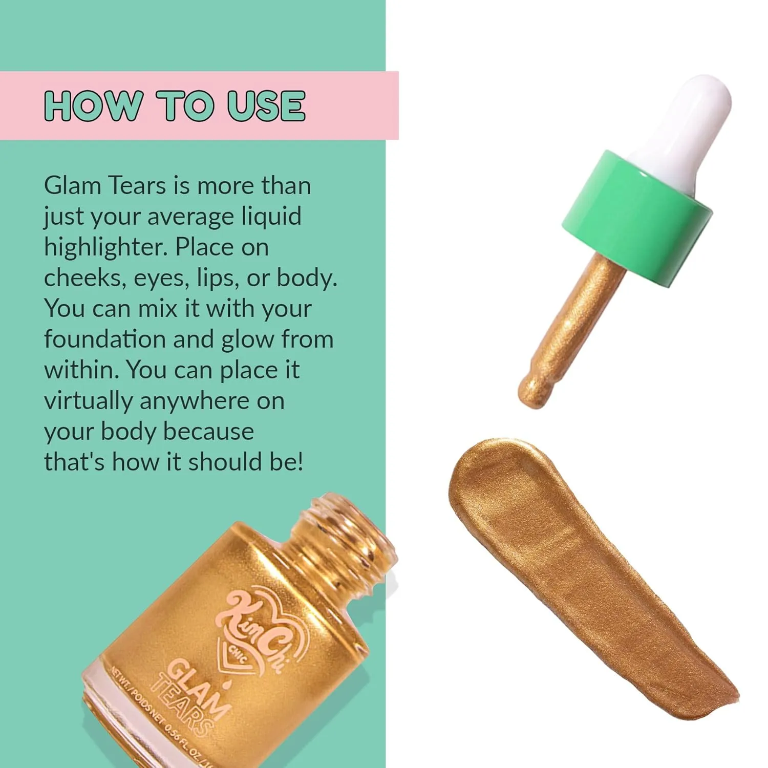 KimChi Chic Beauty Glam Tears Liquid Highlighter, Cheek Shimmer and Body Glitter, Sun-Kissed and Glowing Skin, Luminous Finish, Non-Vegan Makeup, Silk Highlighter, 0.56 fl oz