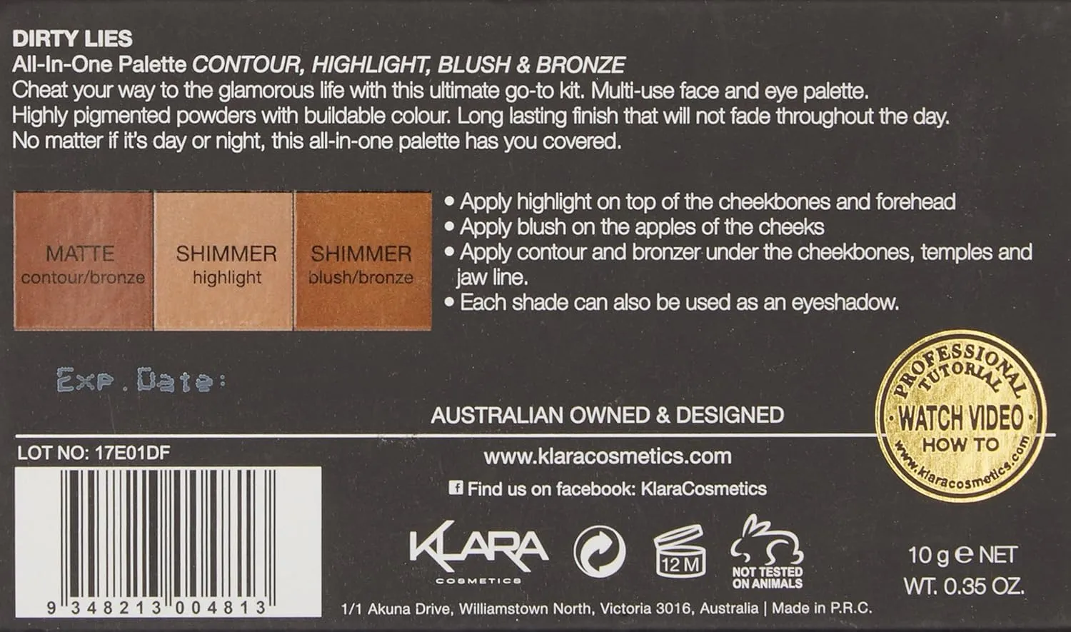 Klara Cosmetics Contour Bronze Blush and Highlight Palette - Makeup Palette with Matte and Shimmer - Face Makeup Palette - Dirty Lies - 0.35 oz