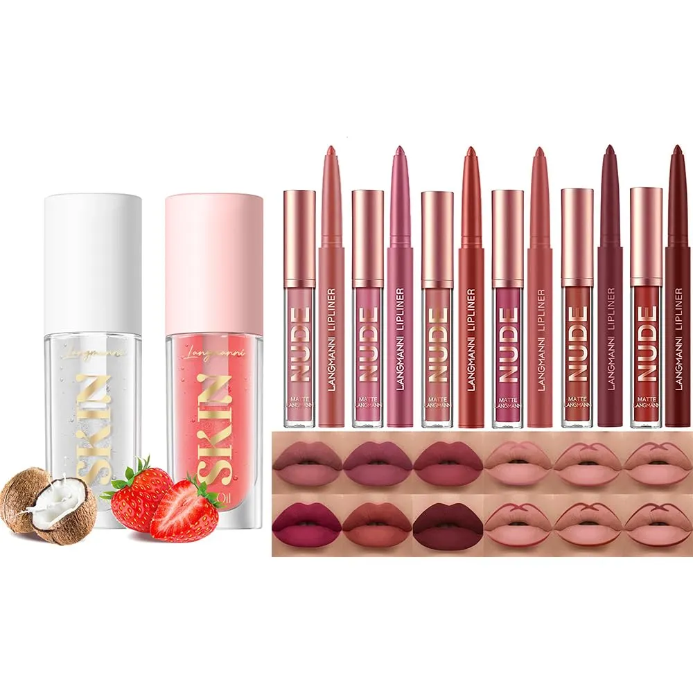 LANGMANNI Lip Oil(Strawberry Coco) 6 Matte Lipstick with 6 Lipliners Durable Makeup Set