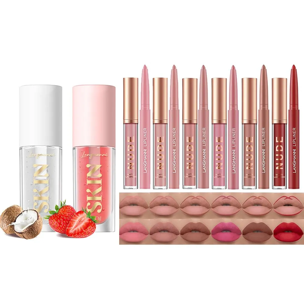 LANGMANNI Lip Oil(Strawberry Coco) 6 Matte Lipstick with 6 Lipliners Durable Makeup Set(#B)