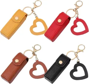 Lip Oil Keychain - Mirror & Oil 2-in-1, Women Mini Travel Chapstick Holder Key Chain Lipstick Case Organizer with Mirror, PU Leather Potable Lipgloss Lip Balm Holder with Heart Pendant(4pcsc)