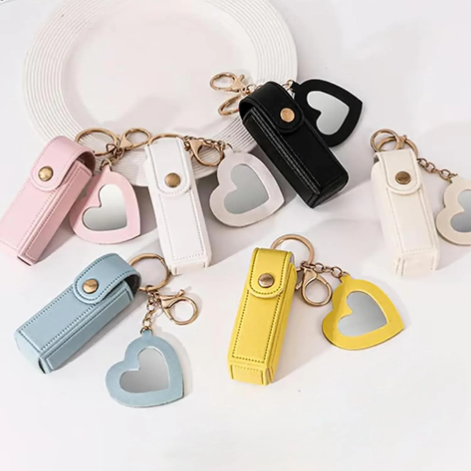 Lip Oil Keychain - Mirror & Oil 2-in-1, Women Mini Travel Chapstick Holder Key Chain Lipstick Case Organizer with Mirror, PU Leather Potable Lipgloss Lip Balm Holder with Heart Pendant(4pcsc)