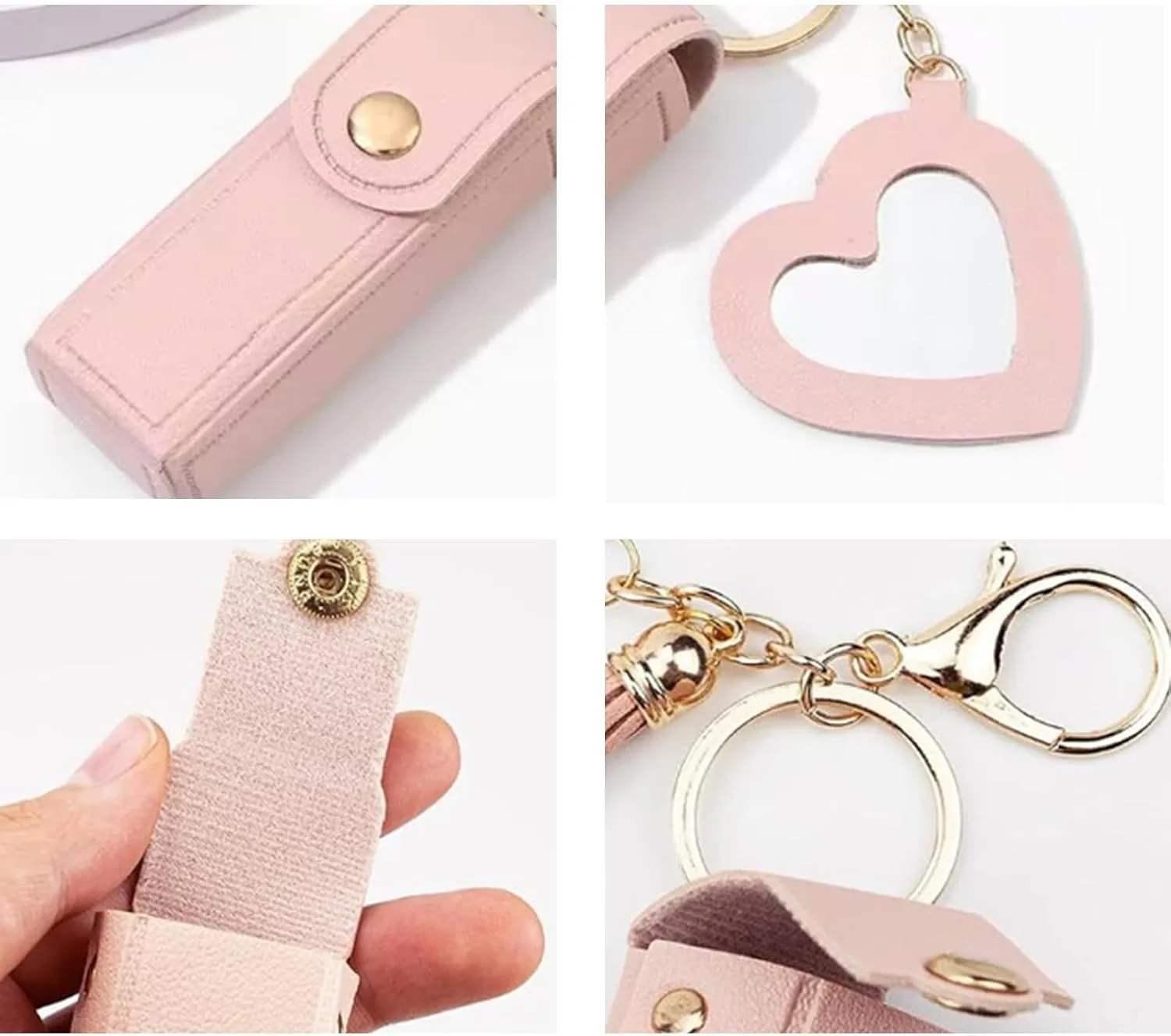 Lip Oil Keychain - Mirror & Oil 2-in-1, Women Mini Travel Chapstick Holder Key Chain Lipstick Case Organizer with Mirror, PU Leather Potable Lipgloss Lip Balm Holder with Heart Pendant(4pcsc)