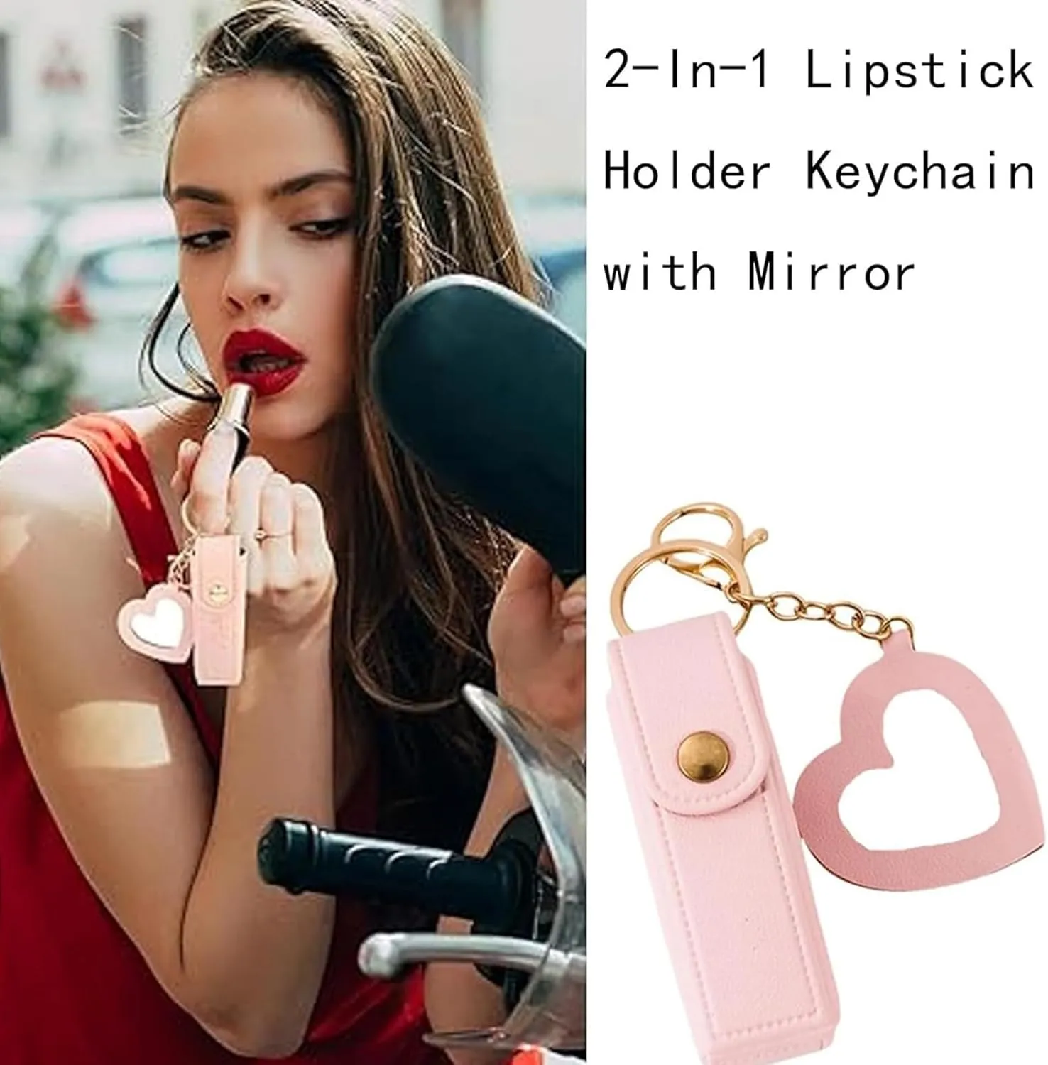 Lip Oil Keychain - Mirror & Oil 2-in-1, Women Mini Travel Chapstick Holder Key Chain Lipstick Case Organizer with Mirror, PU Leather Potable Lipgloss Lip Balm Holder with Heart Pendant(4pcsc)