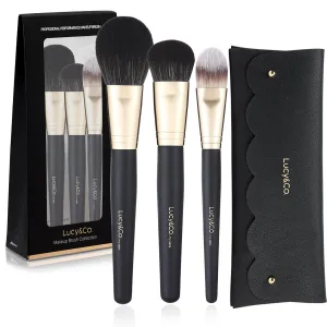 Lucy&Co. Makeup Brush Set With Pouch, Premium Synthetic, Vegan (Face3Pcs Bag) Black